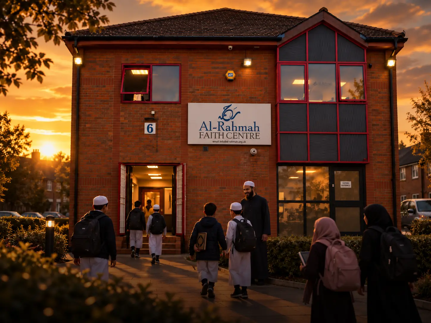 Children and families arriving at Al-Rahmah Faith Centre for Quran classes