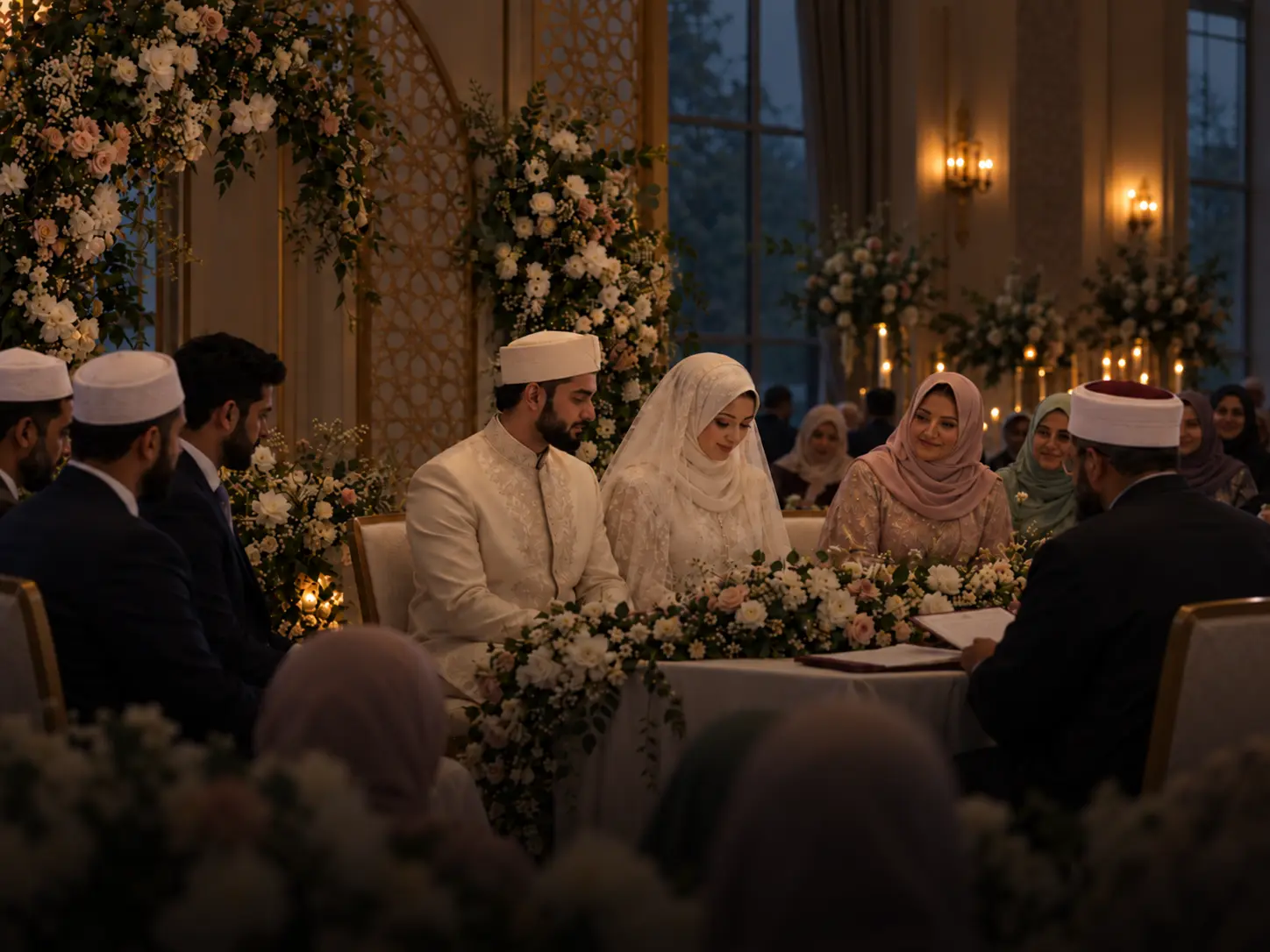 A nikah ceremony: the couple seated at a flower-covered table with the imam and family